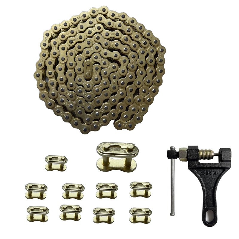 LUSM 420 Motorcycle Gold Chain 132 Link Standard Roller Chain with Chain Breaker 10 Connecting Master Link for 100cc 110cc 125cc Dirt Pit Bike ATV Quad Go Kart Scooter - Image 2